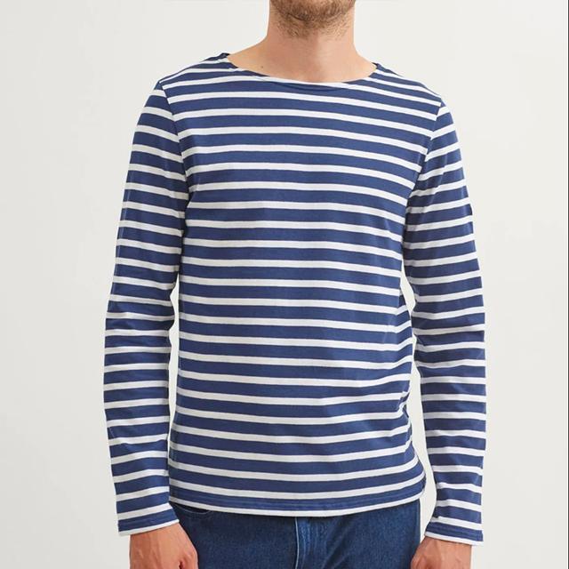Saint James Unisex Long Sleeve Stripe T-Shirt Modern Navy/White Cotton