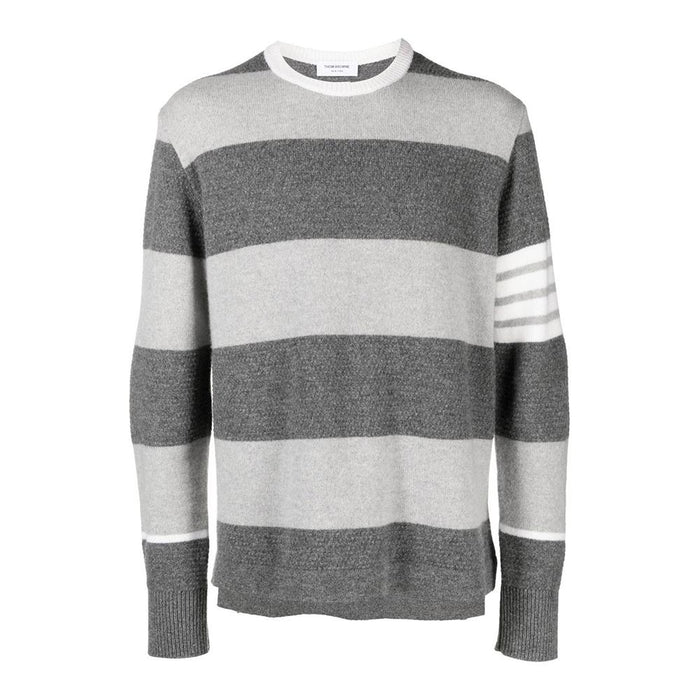 THOM BROWNE Tonal Grey 4-Bar Rugby Stripe Wool Crewneck Sweater