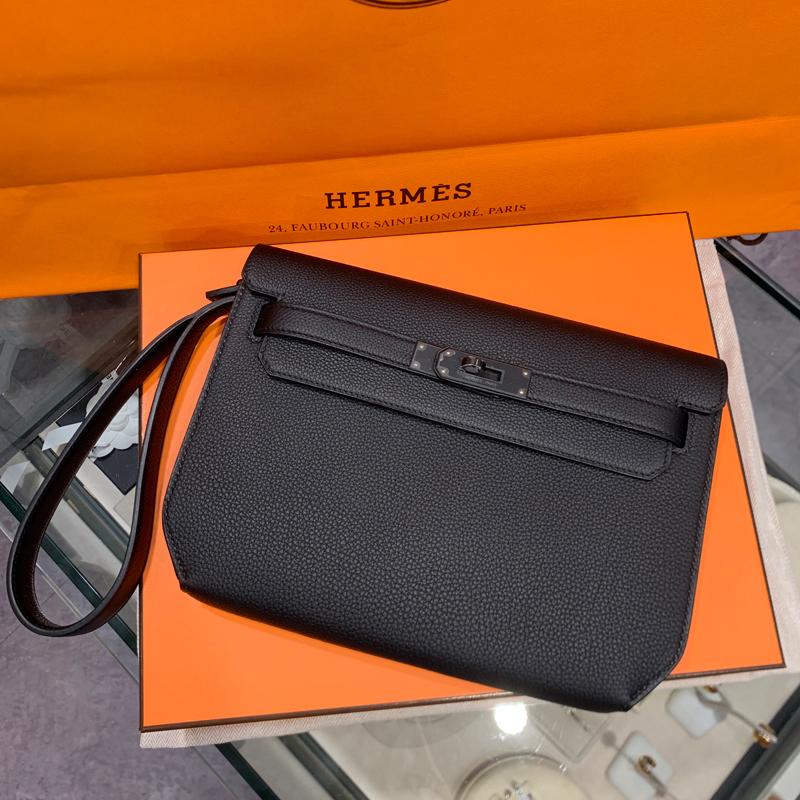 HERMES Kelly Depeches Monochrome Togo Leather Pouch Black Unisex 25
