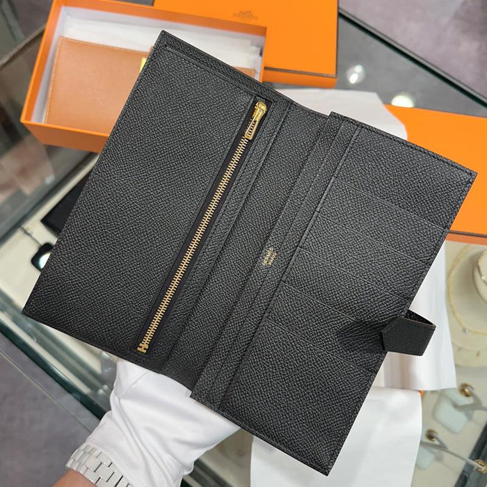 HERMES Black Epsom Calfskin Bearn Long Wallet Gold Hardware