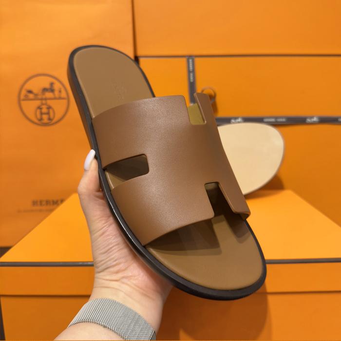 HERMES Izmir Calfskin Classic Gold Brown Sandals