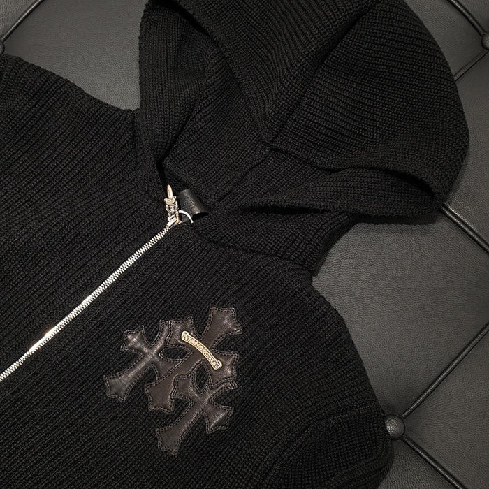 Chrome Hearts Cemetery Patch Black Knit Hooded Zip-Up Sweater