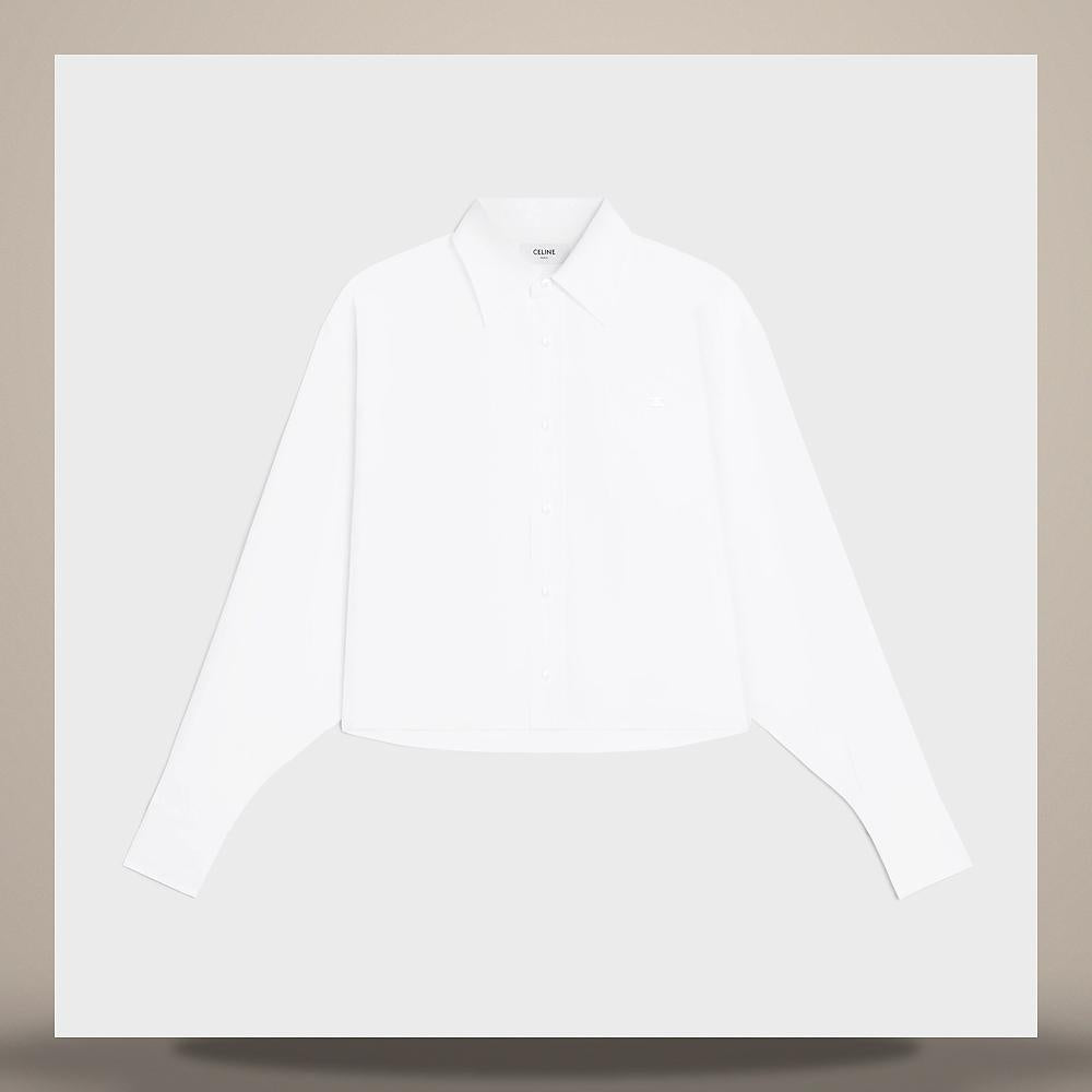CELINE Cotton Poplin Cropped White Long Sleeve Shirt RC0DH0T01 01BC