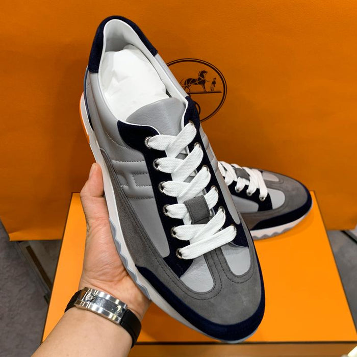 HERMES Men’s Trail Sneakers Navy Gray Calfskin Low Top