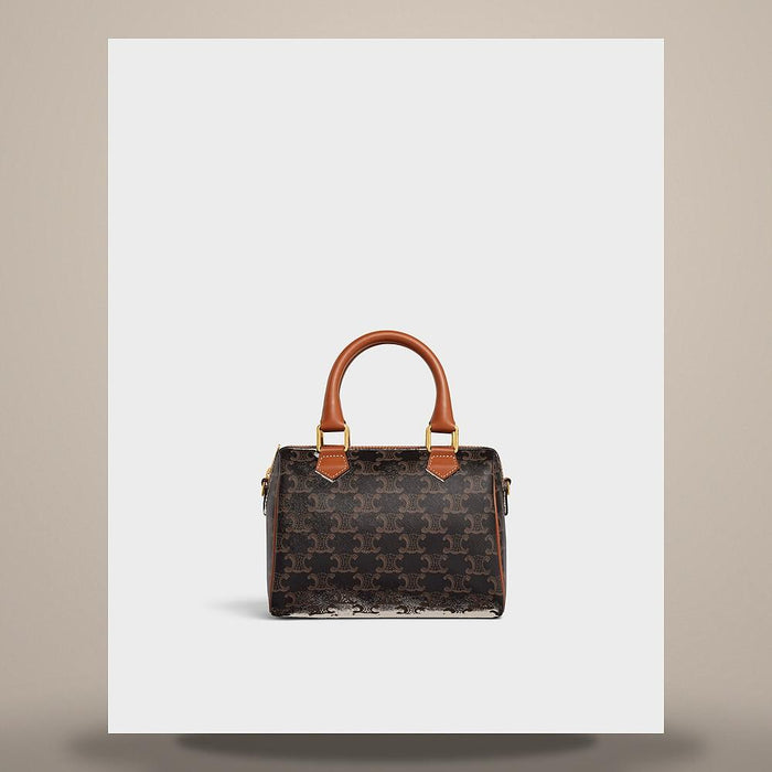 CELINE Small Boston Triomphe Canvas Calfskin Tote Bag Tan
