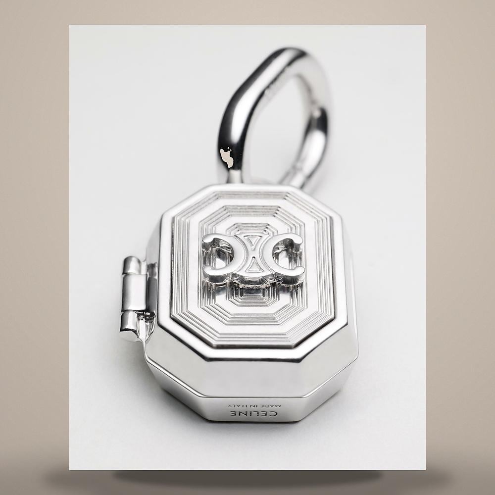 CELINE Guilloche Box Rhodium-Finish Brass Silver Keyring B10GI4W89 36SI