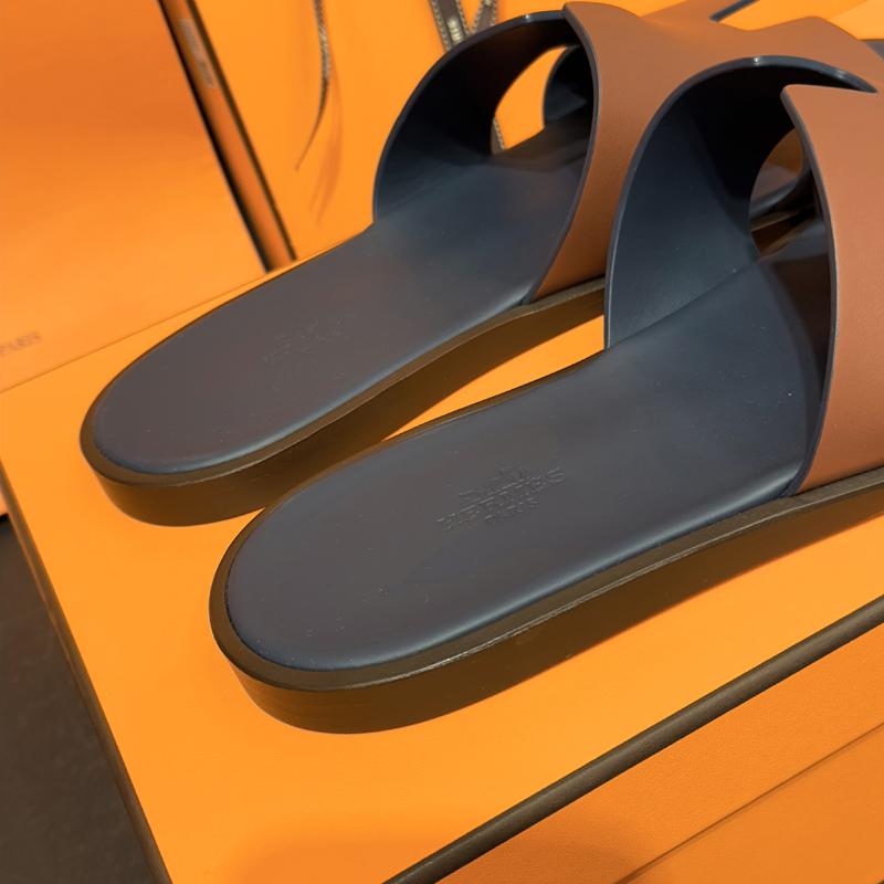 HERMES Izmir Sandals Calfskin Brown Marine Blue Two-Tone Men’s