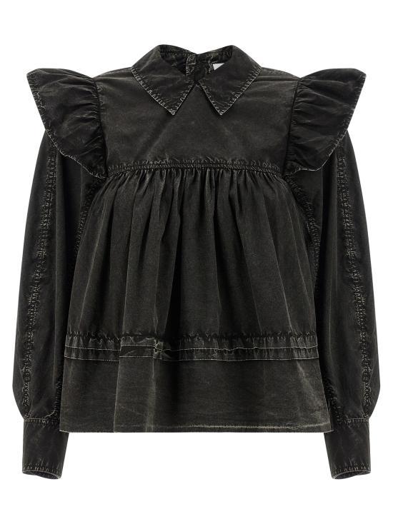 GANNI Washed Ruffle Blouse A1040061 099 BLACK DOM