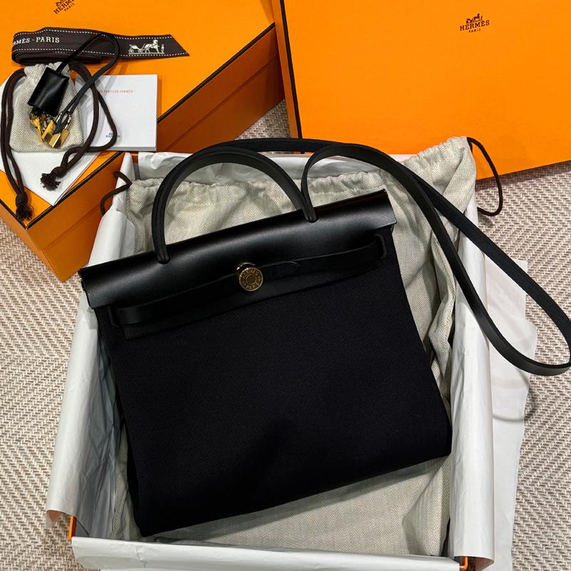 HERMES Black Canvas Herbag Shoulder Tote Gold-Tone Hardware Tote Bag 31