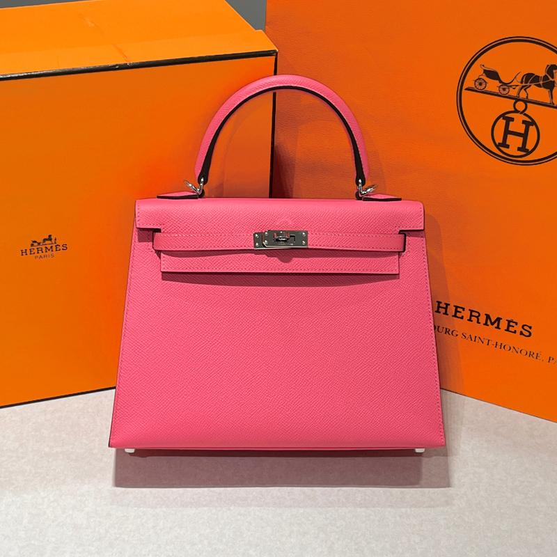 HERMES Kelly 25 Epsom Calfskin Shoulder Bag Pink Palladium Hardware