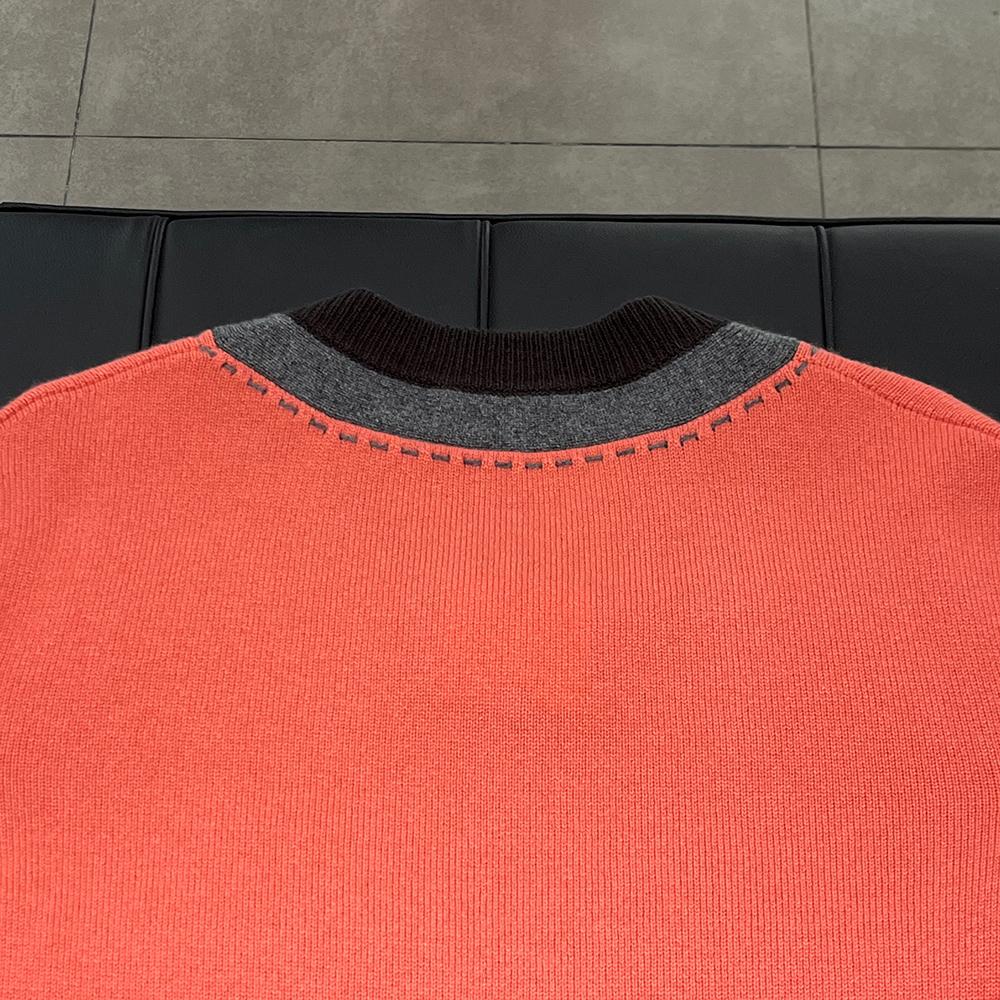 HERMES Beige Cashmere Colorblock Collared V-Neck Knit Sweater
