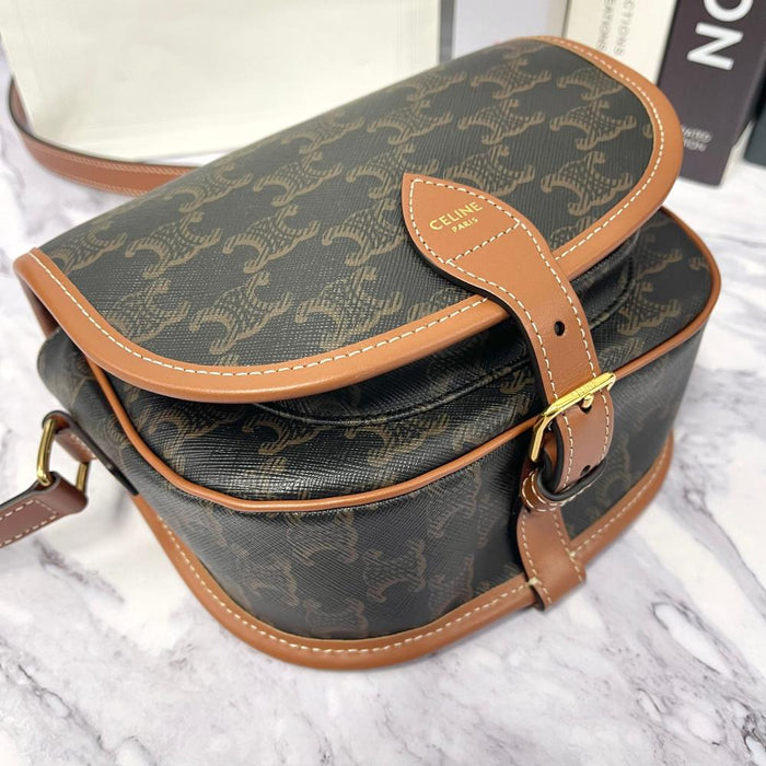 CELINE Triomphe Canvas Calfskin Tan Folco Crossbody Bag