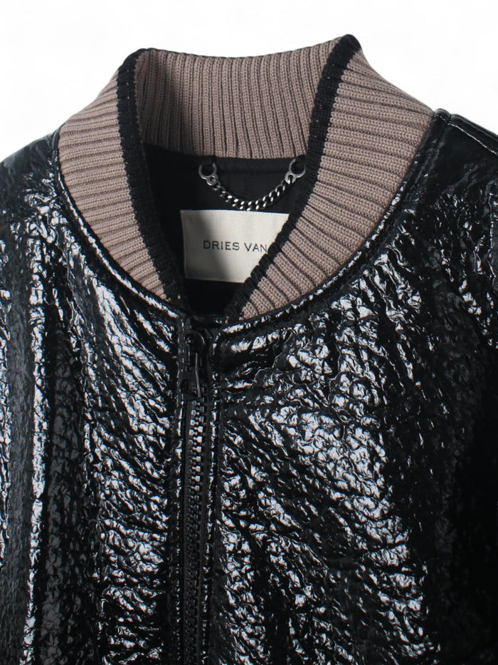 Dries Van Noten Men's Crinkle Black Bomber Jacket 232 020529 7205 900
