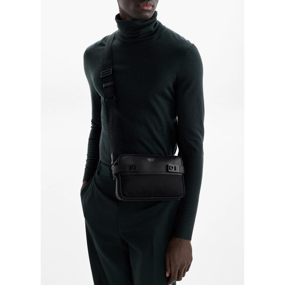 Ferragamo HUG Buckle Crossbody Bag Black Leather Men