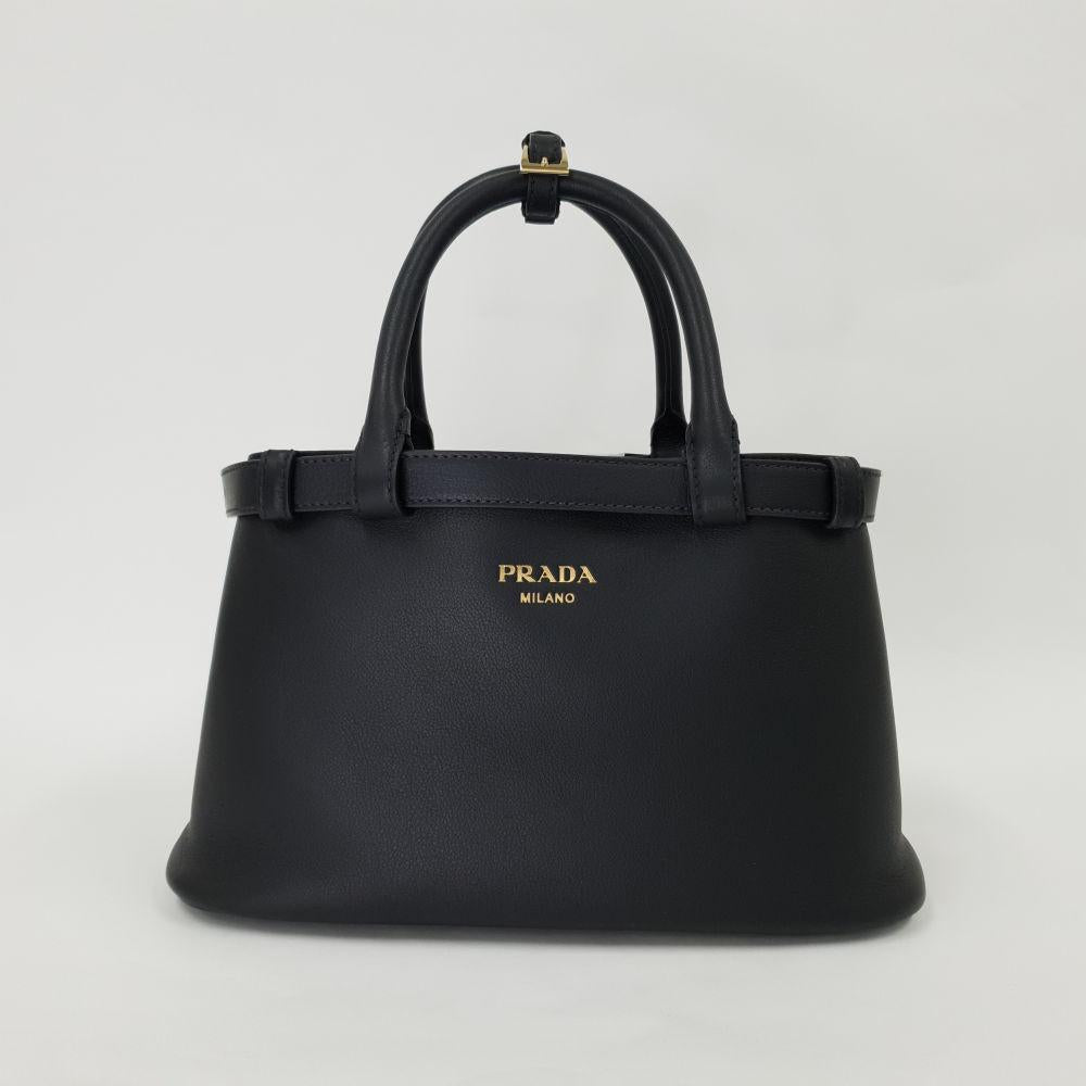 PRADA Double Belt Buckle Small Women’s Tote Shoulder Bag Black
