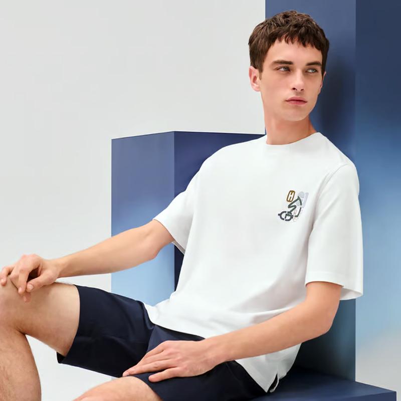 HERMES Men H Puzzle Lambskin Detail Cotton Crewneck T-Shirt White