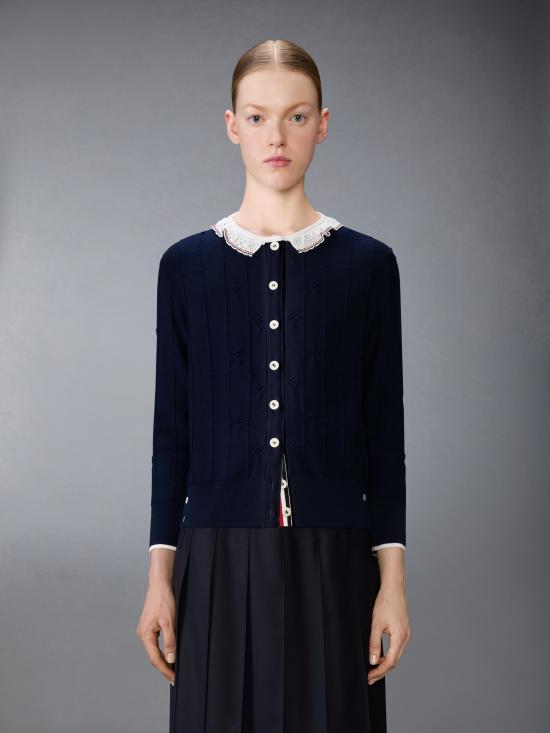 THOM BROWNE Navy Wool Ribbed Cardigan for Women