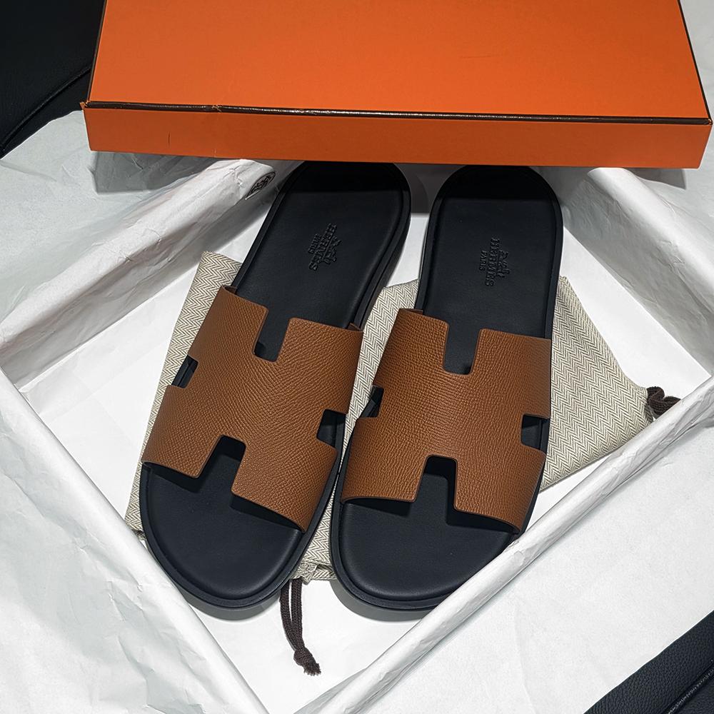 HERMES Men’s Izmir Brown Black Leather Slide Sandals