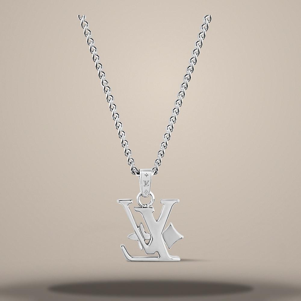 Louis Vuitton Monogram Row Pendant Necklace Silver-Tone Men's Jewelry
