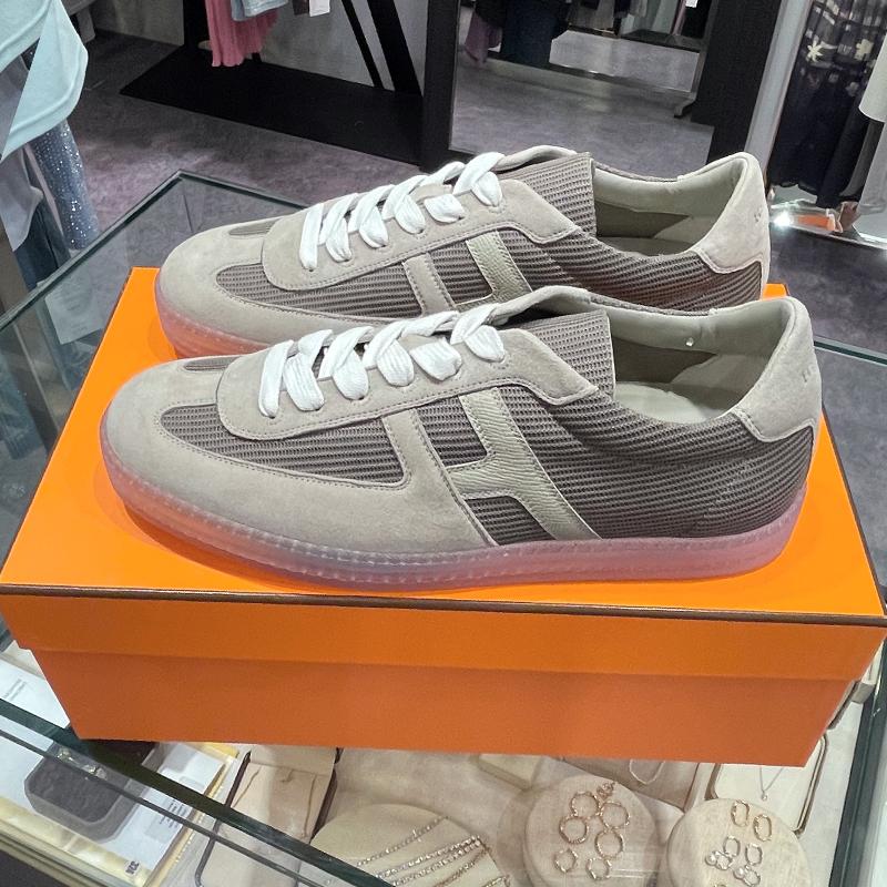 HERMES Boomerang Mesh Calfskin Khaki Gray Low-Top Sneakers