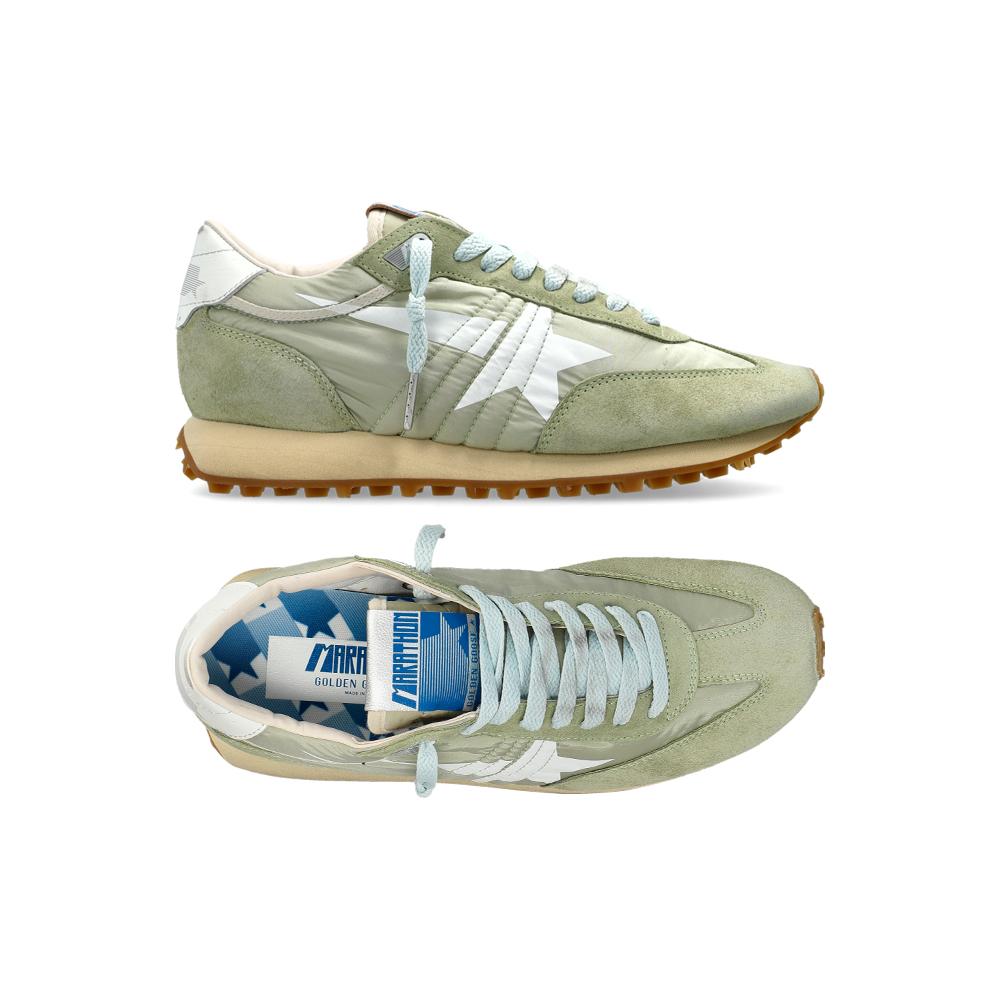 GOLDEN GOOSE Sage Green/White Suede Running Marathon Low-Top Sneakers