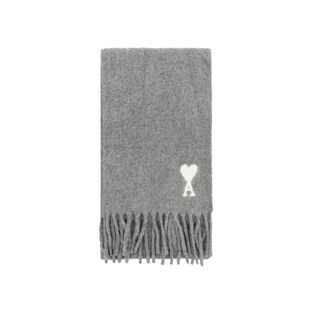 AMI Heart Logo Fringe Scarf Gray Wool Men’s