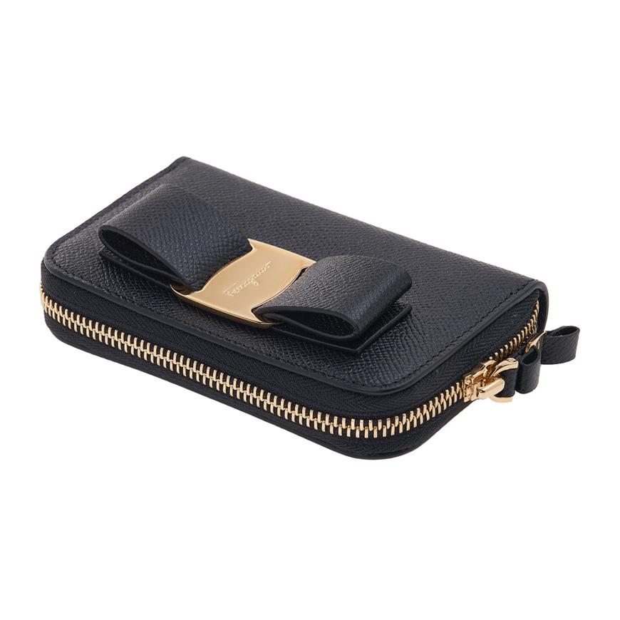 Ferragamo Vara Leather Card Holder Wallet Black Women