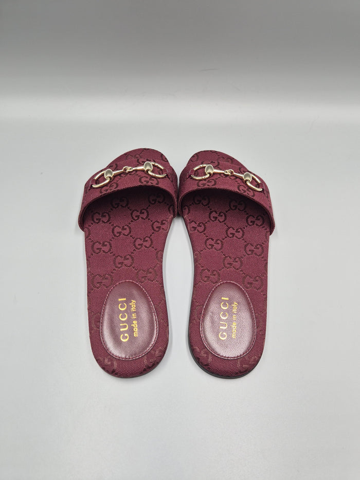 GUCCI Horsebit Slide Sandals Rosso Ancora GG Canvas Slippers