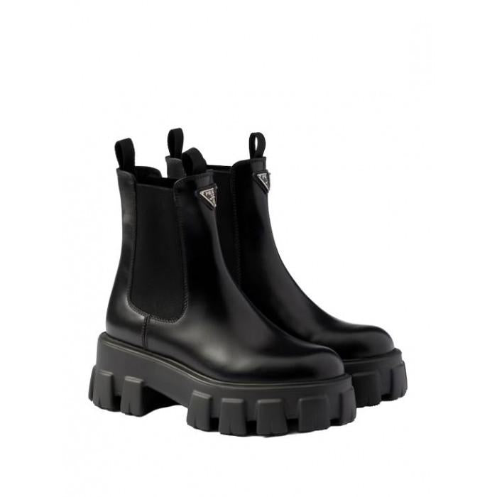 PRADA Monolith Brushed Leather Women's Chelsea Boots Black
