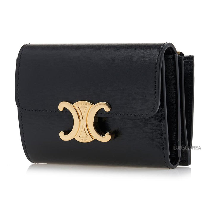 CELINE Triomphe Compact Wallet for Women Black Leather