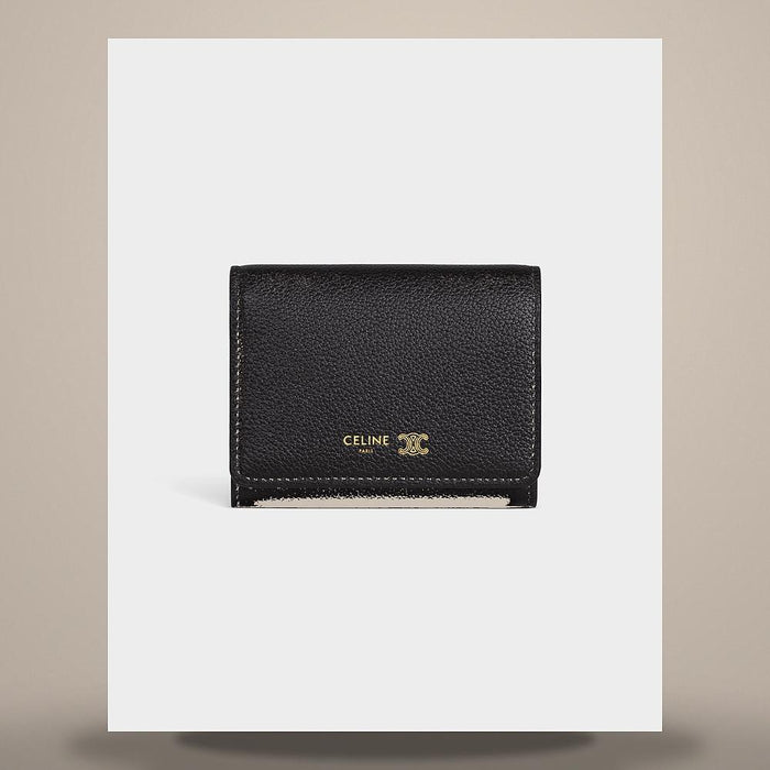CELINE Triomphe Stamped Compact Card Wallet Grained Calfskin Soft Tan/Cream