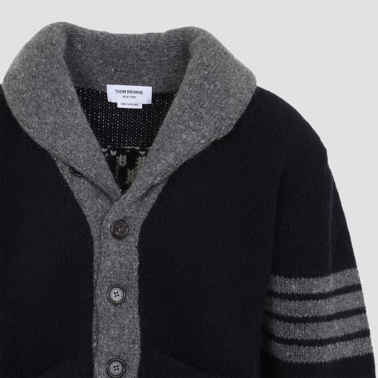 THOM BROWNE Navy Wool Knit Cardigan for Men