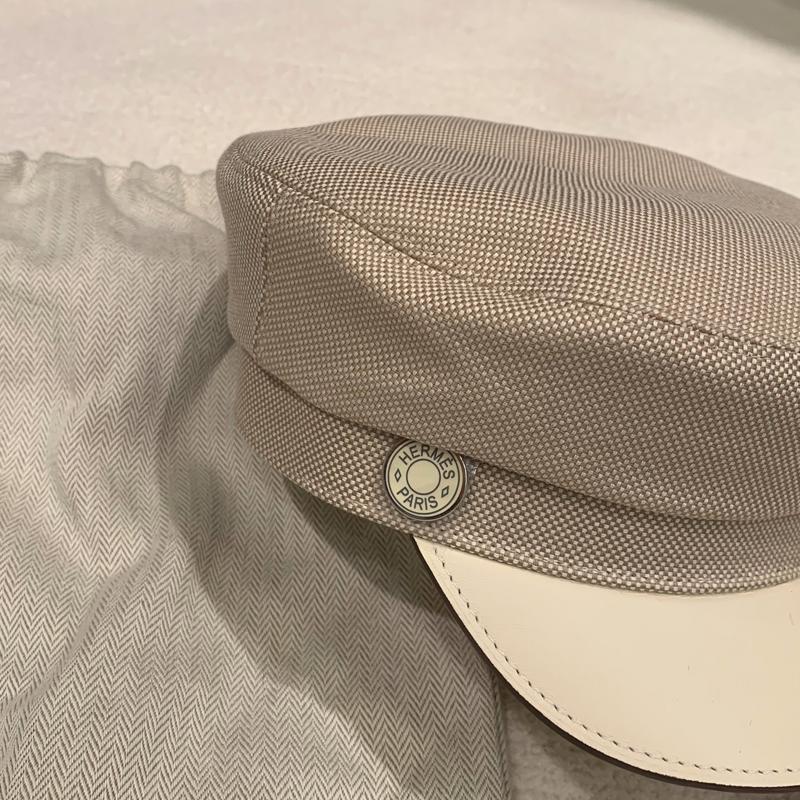 HERMES Beige Plain Air Cap Calfskin Cotton Unisex Hat
