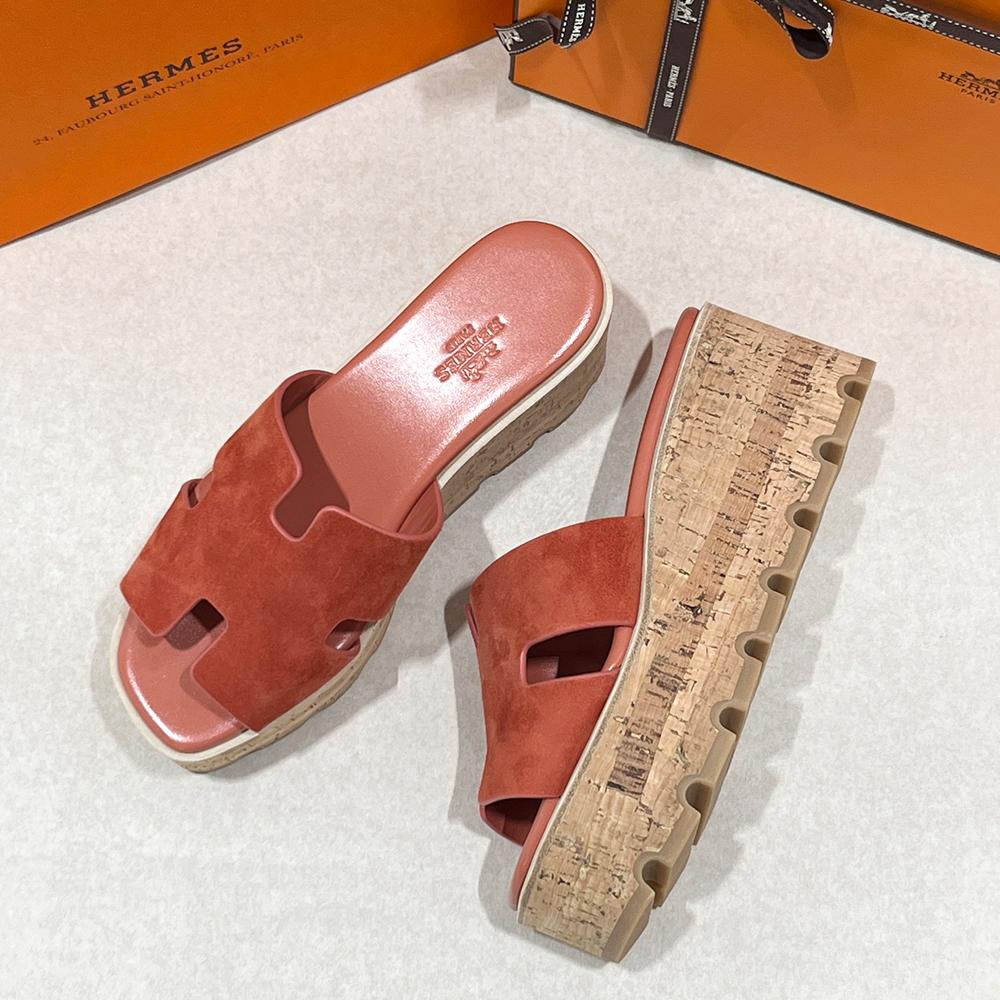 HERMES Rose Red Calfskin Wedge Heel Oran 30 Sandals