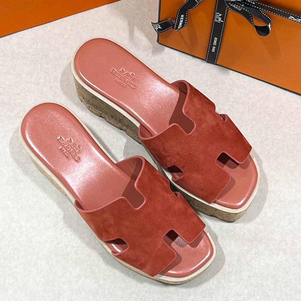 HERMES Rose Red Calfskin Wedge Heel Oran 30 Sandals