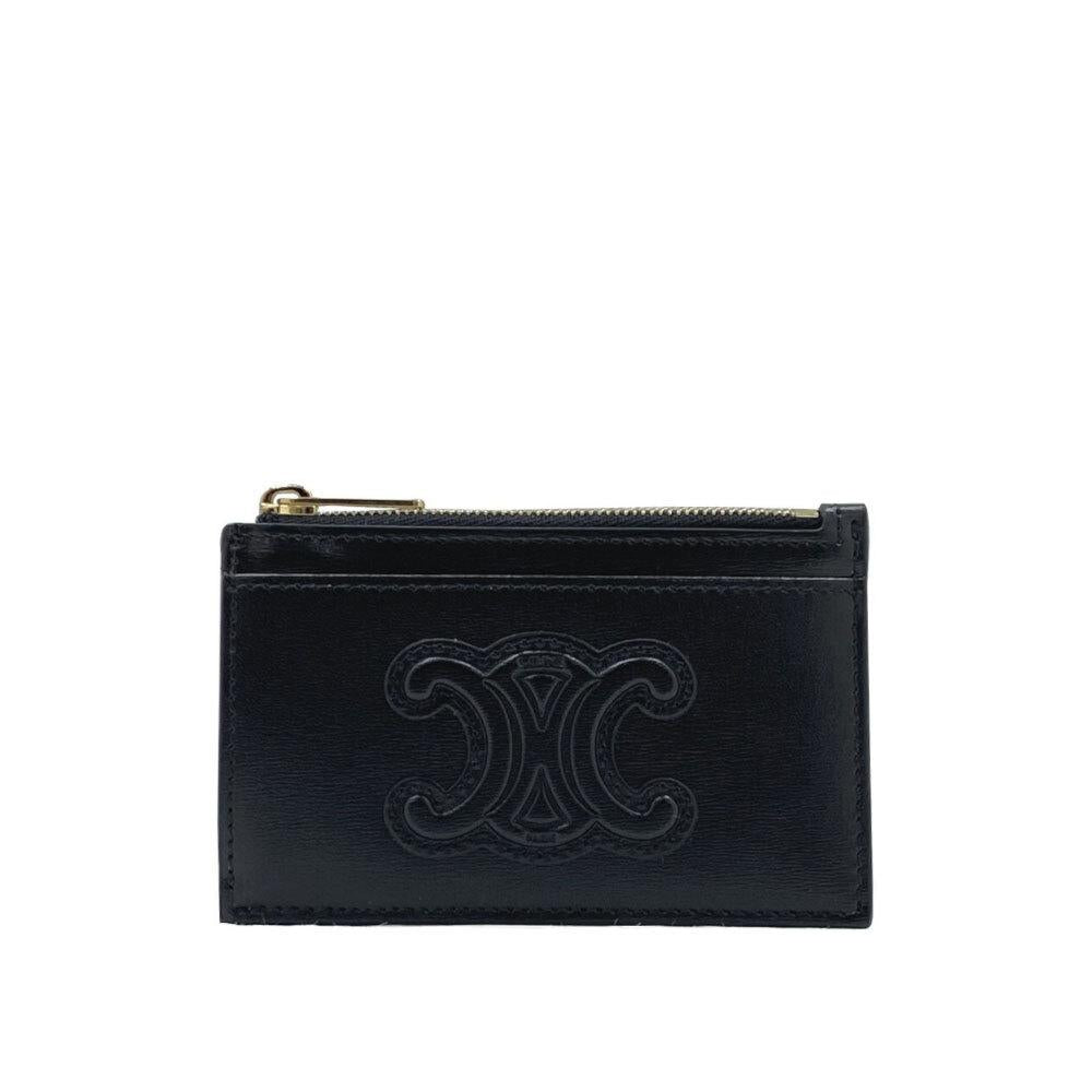 CELINE Zipper Card Holder Coin Pouch Wallet Black Leather