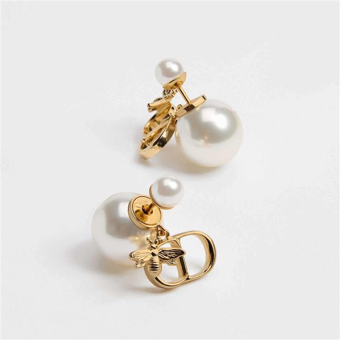 DIOR Tribal Pearl Earrings Gold-Tone Metal Studs