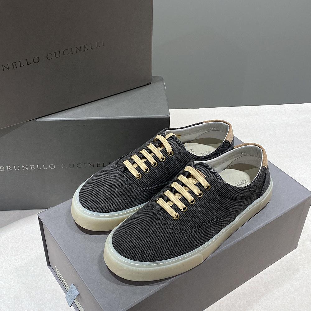 Brunello Cucinelli Charcoal Grey Corduroy Lace-Up Low-Top Sneakers
