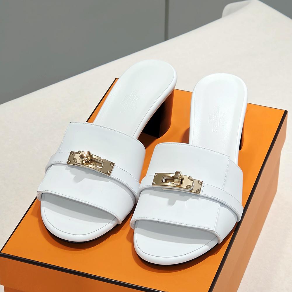 HERMES Kelly Buckle Jiji Mule Sandals White Gold-Tone Hardware