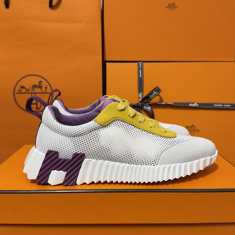 HERMES Bouncing White Mesh H Yellow Purple Two-Tone Low-Top Sneakers