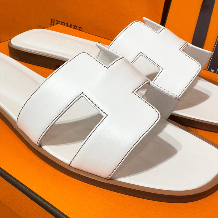 HERMES Oran Sandals Calfskin Blanc White Slippers