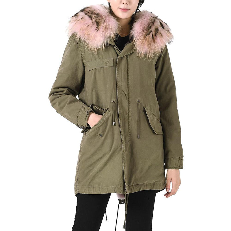 Mr & Mrs Khaki Raccoon Fur Shearling Parka Jacket
