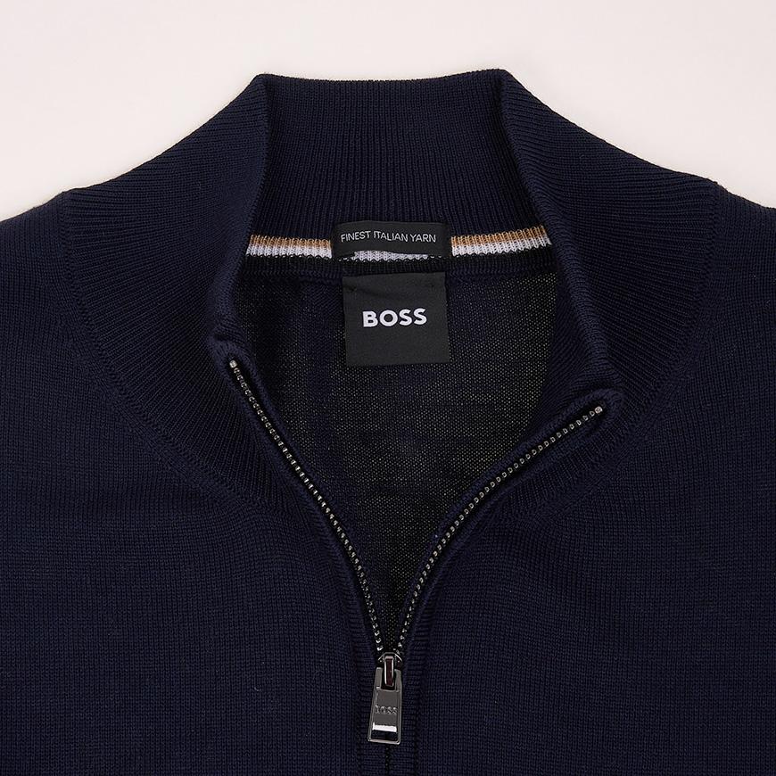 HUGO BOSS Men’s Zip-Up Cardigan with Embroidered Logo Navy Knit