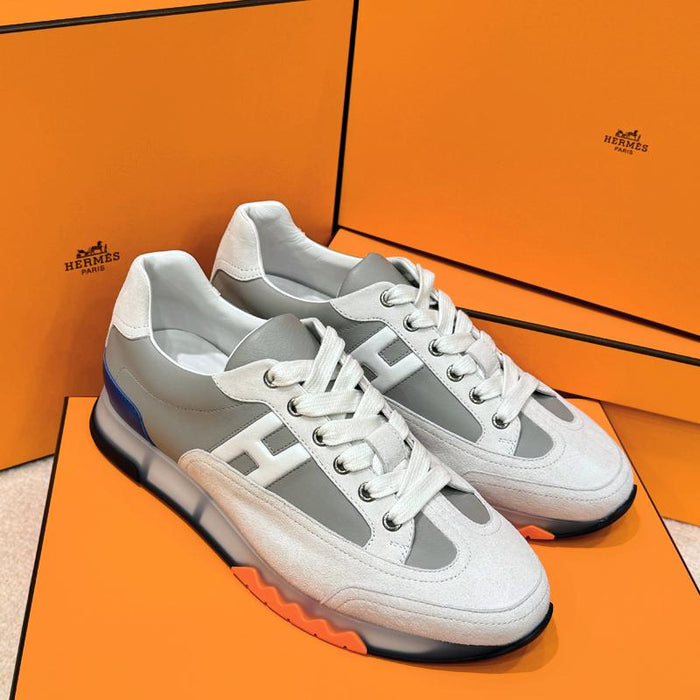 HERMES Men’s Trail Sneakers Blue Orange Calfskin Low-Top