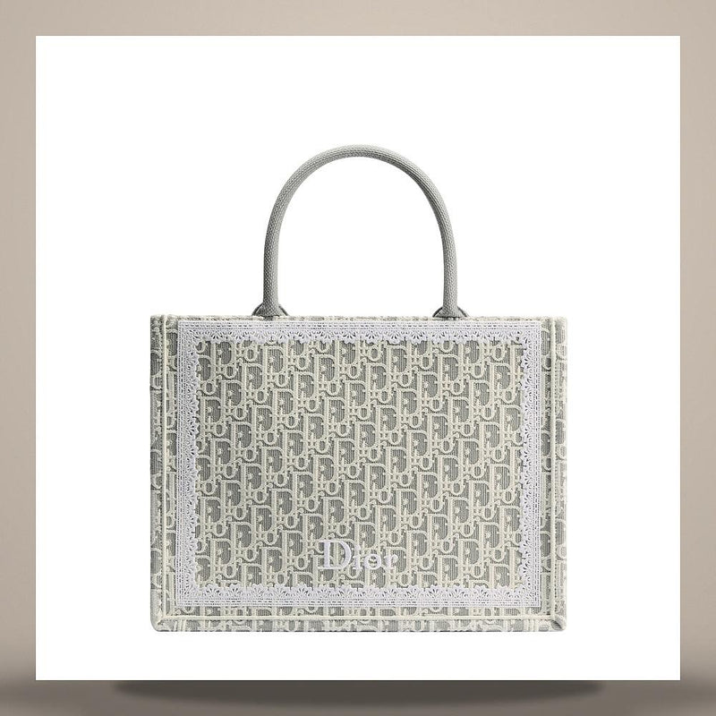 DIOR Latte Gray Oblique Embroidered White Lace Medium Book Tote S M1354PEHT M074