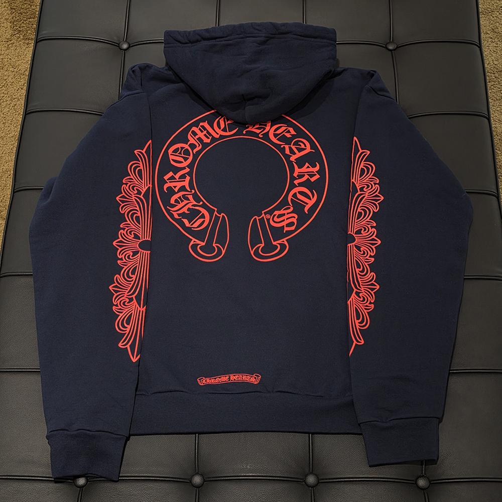 Chrome Hearts Navy Hoodie Horseshoe Coral Orange Logo Unisex Top
