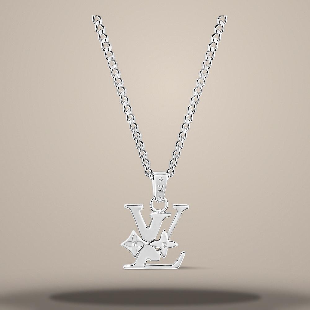 Louis Vuitton Monogram Row Pendant Necklace Silver-Tone Men's Jewelry