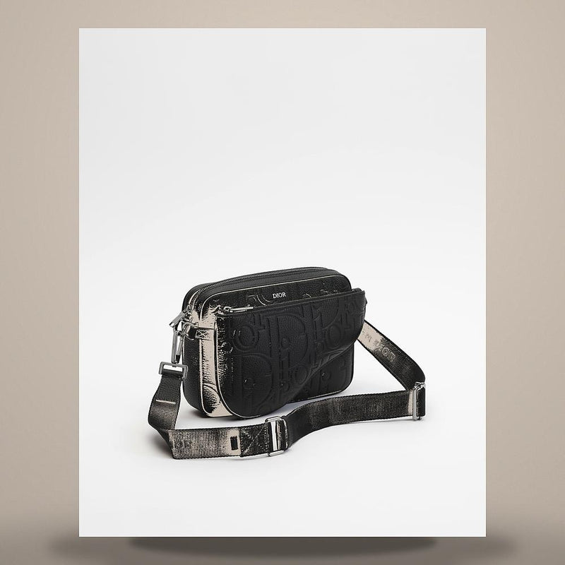 DIOR Black Grain Calfskin Saddle Triple Pouch Crossbody Bag
