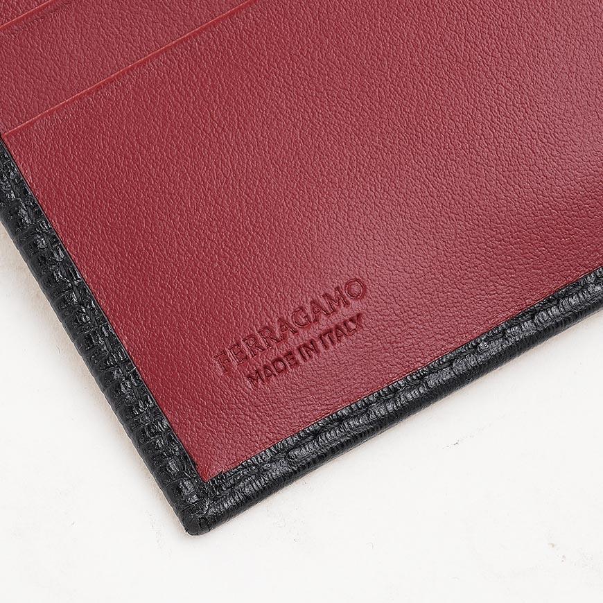 Ferragamo Gancini Bifold Wallet Black Red Leather Men's