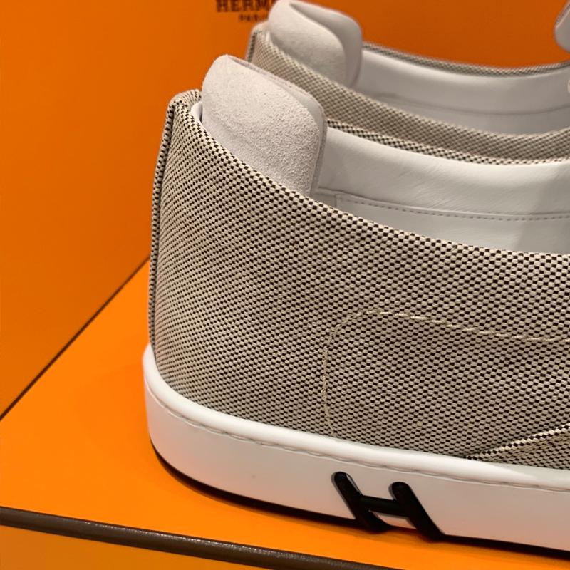 HERMES Men’s Beige Canvas Suede Goatskin Kiddy Slip-On Sneakers